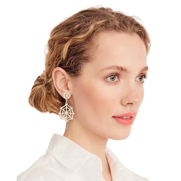 NWT J. Crew Gold Halloween Pavé Crystals Spiderweb Statement Earrings - Picture 5 of 6